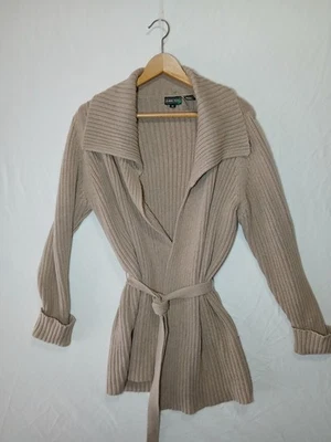 Cárdigan tejido acanalado Jeanne Pierre M con cinturón beige manga larga algodón Foto 1 de 4