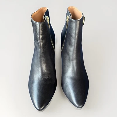 Calvin Klein Jailene Black Leather Ankle Boots Size 7.5 Gold Buckle Heels - Image 1 of 4