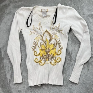 Suéter Baby Phat Y2K VINTAGE Blanco Talla Mediana Manga Larga Estampado Dorado - Imagen 1 de 8