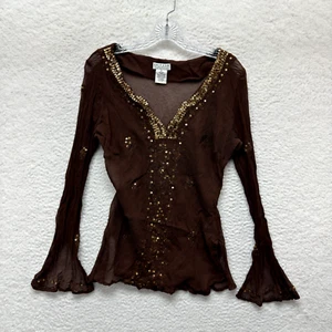 Y2K Vintage Uniform Boho Fairy Grunge 100% Silk Top XL Brown Sheer Mesh Sequin - Picture 1 of 7