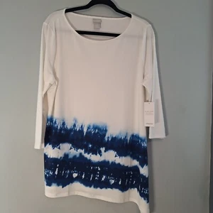 Chico's Artist Series Tunic Blouse Womans 2 US L White Blue Water Color Art... - Picture 1 of 12