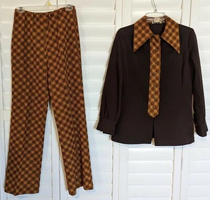 Vintage 60s Lou-Ette Ladies Pants Suit Bell Bottom Hippy Retro Brown Orange 12 - Picture 1 of 7