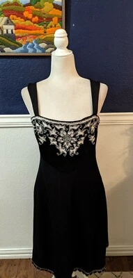 Vestido Kay Unger Negro 100% Lana Blanco Bordado Sin Mangas Talla Pequeña S Foto 1 de 4