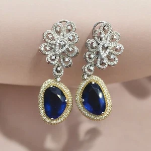 Pave 2.98 Cts Round Brilliant Cut F/VS1 Diamonds Dangle Earrings 14K Gold - Picture 1 of 5