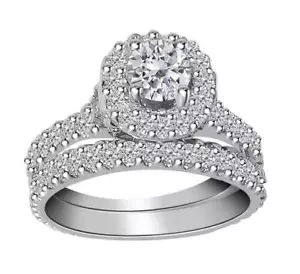 Lab Grown Diamond VS F 2.00 Ct Bridal Set Halo Wedding Ring 14K Gold Prong Set - Picture 1 of 5