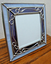 PHOTO FRAME Blue Faux-Stained Glass+ Silver-Tone Metal Scrolls 4x4" Picture  B24