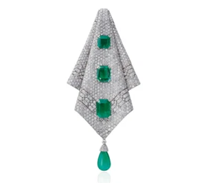 Royal Articulated Folded Cloth Design Lab-Created Diamonds & Emeralds Pendants - Picture 1 of 3