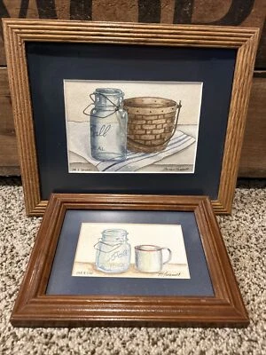 2 Watercolor Painting Art Primitive Ball Mason Jar Basket Signed M Frommelt - Image 1 of 4