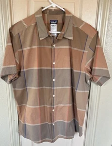 Patagonia Mens Lg Tan Striped Pocketed Button Up Short Sleeve Shirt - Picture 1 of 5