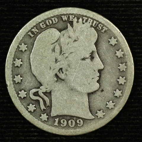 Barber Silver Quarter. 1909 P. Good Circulated. Lot # Lot # 9048-55-0109 Cover