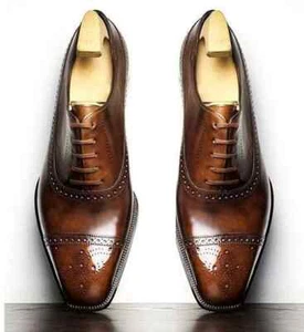 Men Bespoke Handmade Brown Pure Leather Ankle Lace Up Toe Cap Oxford Brogue Shoe - Picture 1 of 10