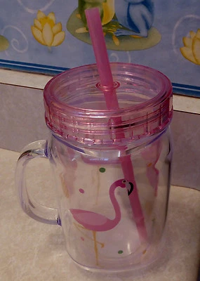 TAZA DE FLAMENCO ROSA Paja Florida Copa Plástico Tarro de Albañil Piscina Luau Foto 1 de 4