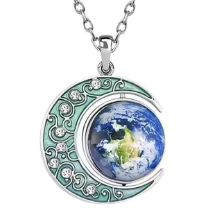 24 + 2 Inch Silver Tone Earth & Moon Enamelled Crystal Pendant Necklace - Picture 1 of 6