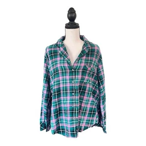 Victoria’s Secret NWT Plaid Pajama Top Green Pink Flannel Button M - Picture 1 of 7