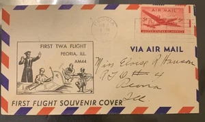 FIRST FLIGHT  TWA PEORIA ILL MAR 1,1947 44W1 - Picture 1 of 2