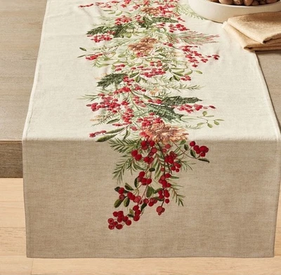NWT Pottery Barn Holly Berry Embroidered Table Runner 18x108 Christmas - Image 1 of 2