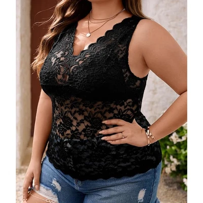 Camiseta sin mangas transparente de encaje floral talla grande para mujer negra L Plus ceñida al cuerpo nueva sin etiquetas Foto 1 de 4