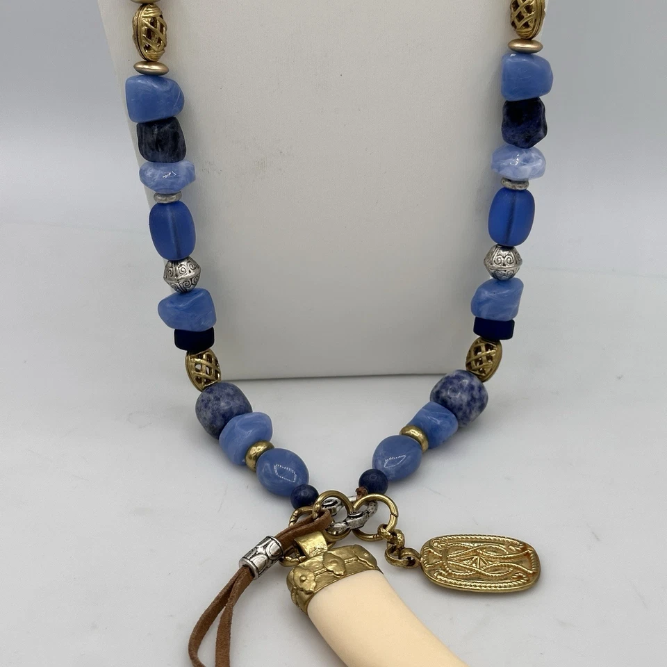 Chico’s Blue Bead Necklace w/ Resin Tusk Pendant & Gold Tone Charms Adjustable - Image 1 of 4