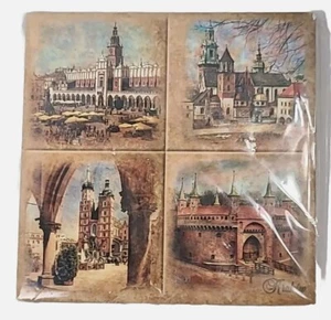 Polnisch bemalte Keramikfliese Untersetzer bunte Stadtszenen gemarkt 6x6 Korkboden Neu aus altem Lagerbestand - Bild 1 von 9