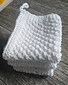 Hand Knitted 100% Cotton Dish/Face/Baby Wash cloth x 3.Mixed Designs.White. - Picture 1 of 9