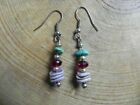 Turquoise, Red Crystal Bead, Purple Cebu Shell & Silver beads dangle Earrings