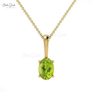 Handmade 14k Solid Gold 6x4mm Peridot Pendant Oval Gemstone Necklace For Women - Picture 1 of 22