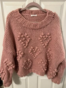 Amaryllis Chunky Pink Knitted Heart Pompom Sweater. SZ XL Thick Knit - Picture 1 of 9