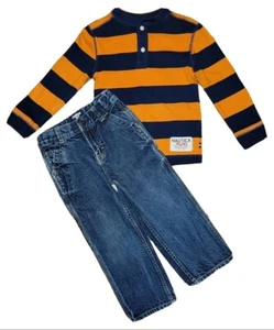 Nautica 4 Toddler Orange Striped LS Henley Shirt & Oshkosh adj. Jeans Set - Picture 1 of 8