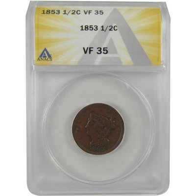 1853 Braided Hair Half Cent VF 35 ANACS Copper Penny SKU:CPC0803 - Image 1 of 4