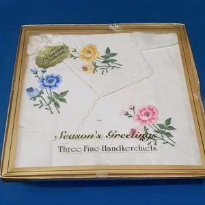 Vintage 3 Ladies Fine Embroidered Handkerchiefs 100% Cotton New In Box - Picture 1 of 7