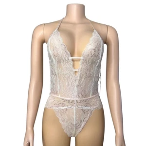 In Bloom by Jonquil Lace Halter Plunging V-Neck Teddy Size Medium Off White - Picture 1 of 11