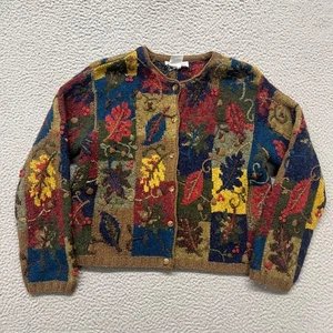 Robert Scott Sweater Womens M Petite Brown Leaves Patchwork Fall Autumn Cardigan - Picture 1 of 11