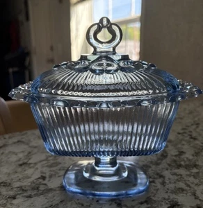 Vintage Indiana Glass Sky Blue Pedestal Lidded Compote Candy Dish Laced Edge - Picture 1 of 8