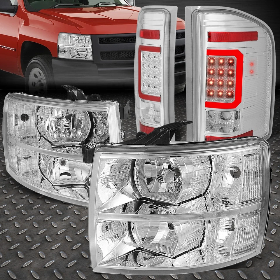 PARA 07-14 CHEVY SILVERADO FAROS CROMADOS/CLAROS + LUCES TRASERAS 3D LED ROJO BARRA C Foto 1 de 4