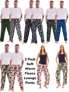 Mens Ladies 2 Pk Unisex Soft Warm Micro Fleece Character Designer Lounge Pants  - Picture 1 of 29