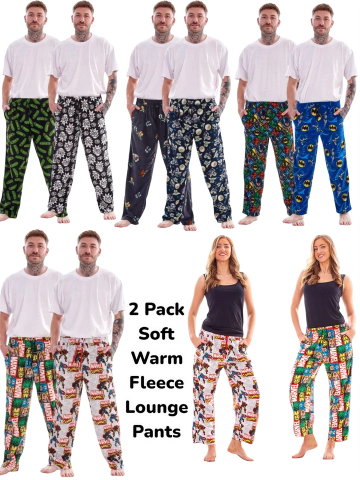 Mens Ladies 2 Pk Unisex Soft Warm Micro Fleece Character Designer Lounge Pants  - Image 1 of 1