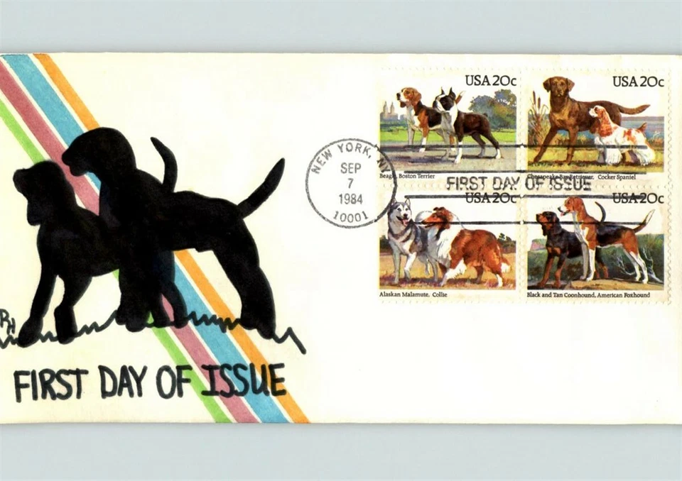 DOGS, 4 different DOG Stamps, 1984 Hand painted First Day of Issue with enclosur - Image 1 of 1