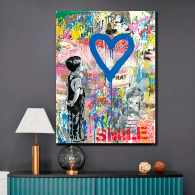 BOY BLUE HEART PRINT ON STRETCHED CANVAS PRINTS FRAMED GRAFITTI BANKSY DECOR ART - image 1 of 4