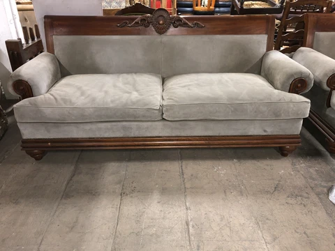 Large Ralph Lauren Sofa Carved Wood Suede Upholstery Cover
