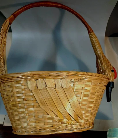 Vintage Bread Basket Crowned Crane Red MCM japan Master Weaver large 16" WOW Cover