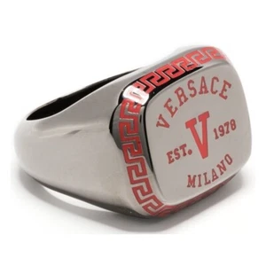 VERSACE Varsity logo silver tone metal signet ring Size 21 IT / 9.5 US authentic - Picture 1 of 10