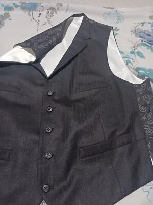 MENS SMALL FORMAL VEST BLACK PINSTRIPE FRONT SILK GREEN PAISLEY BACK 4 POCKET - Image 1 of 4