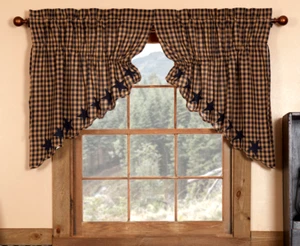 Navy Star Patch Drawstring Prairie Swag Blue & Tan Check Country Farmhouse - Picture 1 of 11