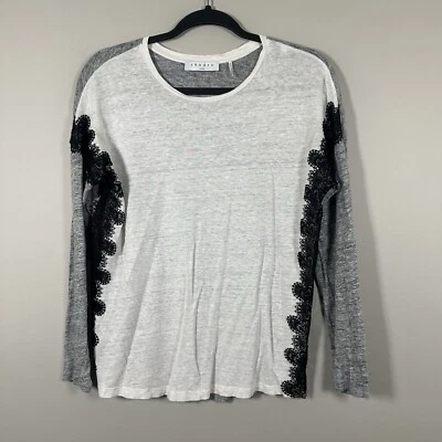 Sandro Paris Size 2 / Medium White Gray Linen Black Lace Long Sleeve Top - Image 1 of 4