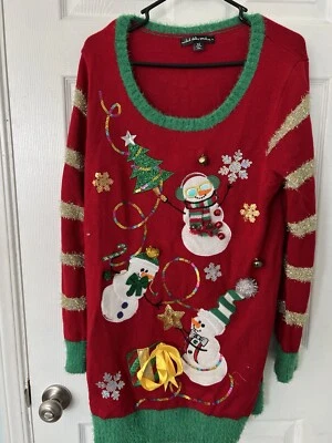 Ugly Christmas Sweaters Women's Size 1X Red Combo Snowmen And Sequins - Image 1 of 4