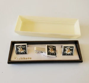 Vintage Toshikane Jousting Knight Silver Cufflinks & Tie Bar w Presentation Box - Picture 1 of 5