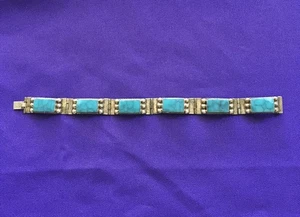 VTG Signed 925 Sterling Silver 6 Panel Turquoise Inlay 6.5" Bracelet - Picture 1 of 9