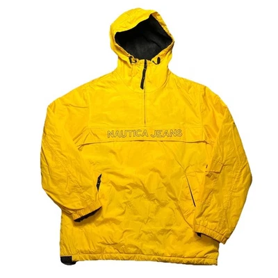 VTG 90s Nautica Jeans Jacket Men's Small Yellow Nylon Pullover Anorak Kangaroo - Image 1 of 4