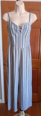 Derek Heart Striped Jumpsuit Size M Wide Leg  Jersey Knit Gray/White Soft - Image 1 of 4