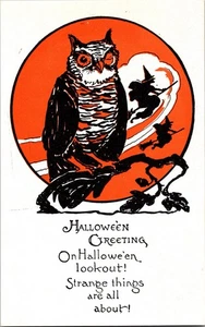 Cartolina Saluto Halloween Gufo ammiccante contro Luna Due Streghe Volanti JO5 - Foto 1 di 2